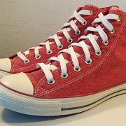2017 Red Stonewashed High Top Chucks  Angled side view of 2017 red stonewashed canvas high tops.